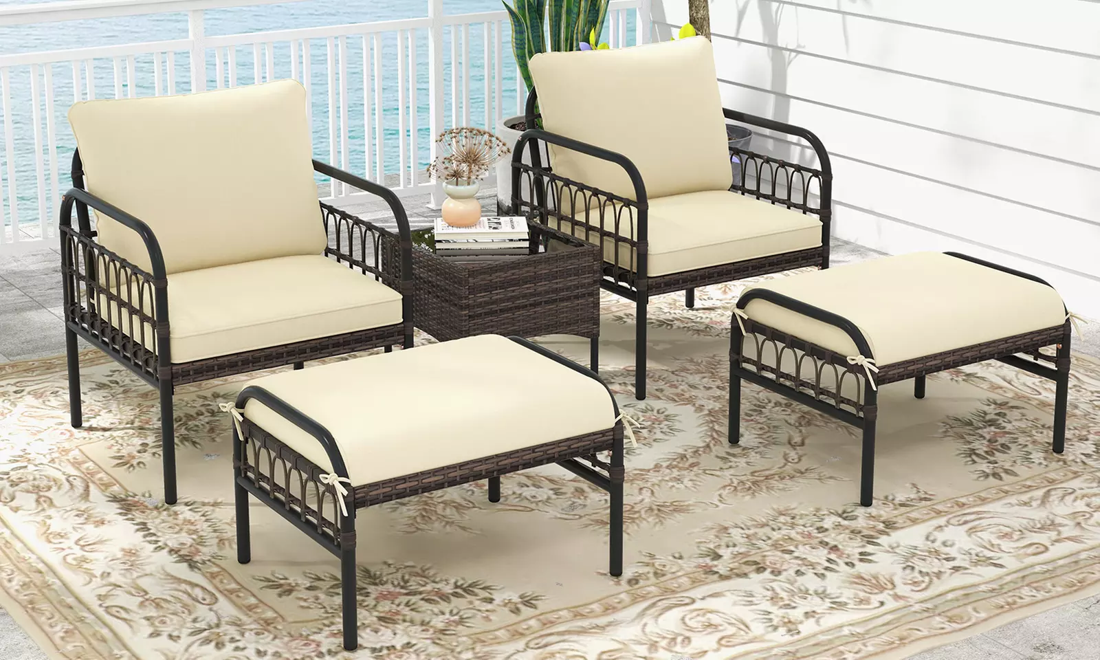 Costway 5 Piece Patio Conversation Set - Outdoor Wicker Chairs, Ottomans & Table