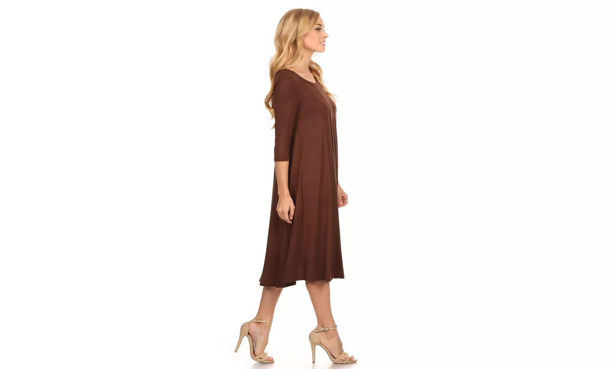 Women's Solid Casual Comfy 3/4 Sleeve Loose Fit A-line Midi Dress