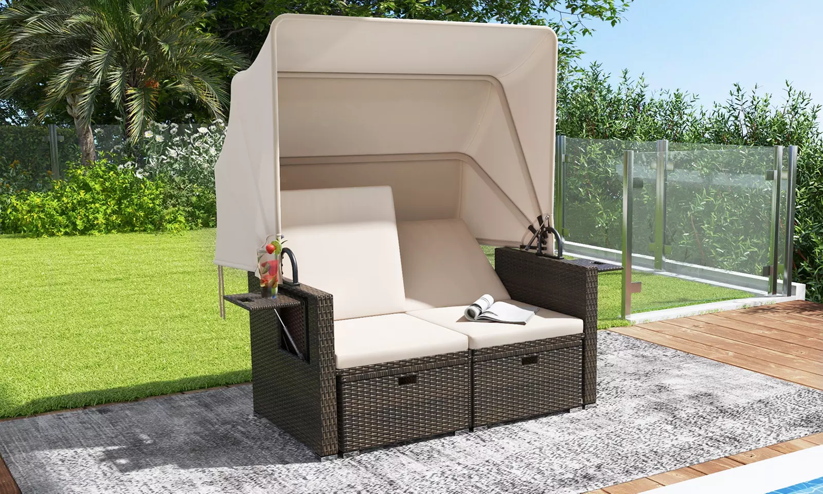 Costway Outdoor Rattan-Effect Daybed with Canopy and Adjustable Backrests - Primary Image