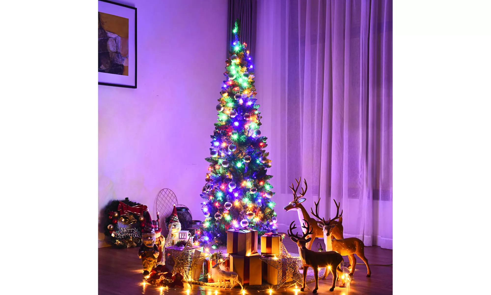Costway 4.5/6.5/7.5ft Pre-Lit Hinged Artificial Fir Pencil Christmas Tree 
