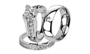 Hers & His Stainless Steel Princess Bridal Ring Set & Wedding Band 