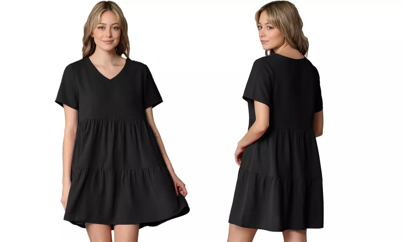 Made By Johnny Casual Flowy Swing Shift Short Sleeve Tiered Dress