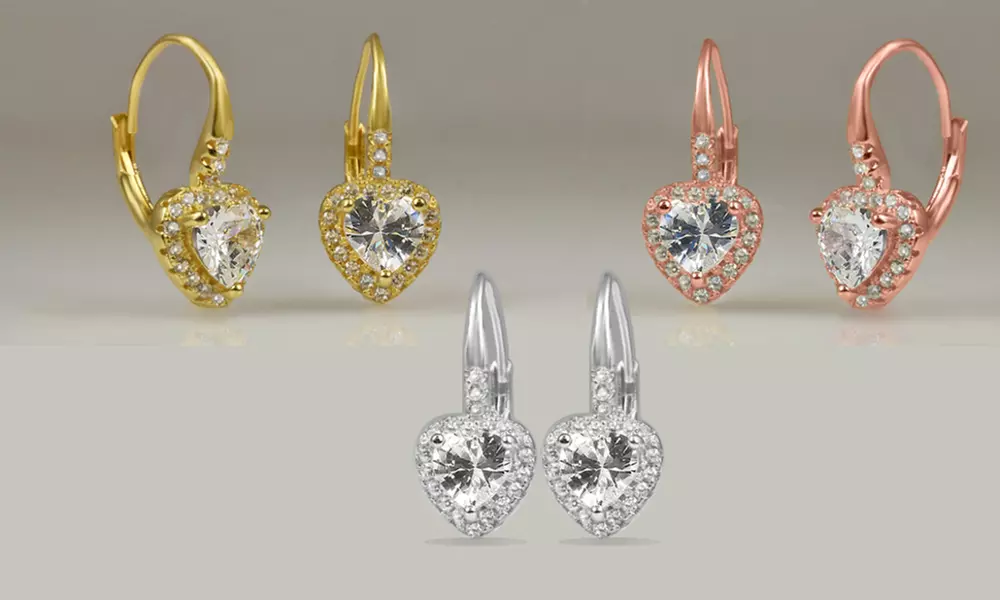 3.00 CTTW Heart Cut Halo Leverback Earrings With Crystals From Swarovski - Second Medium