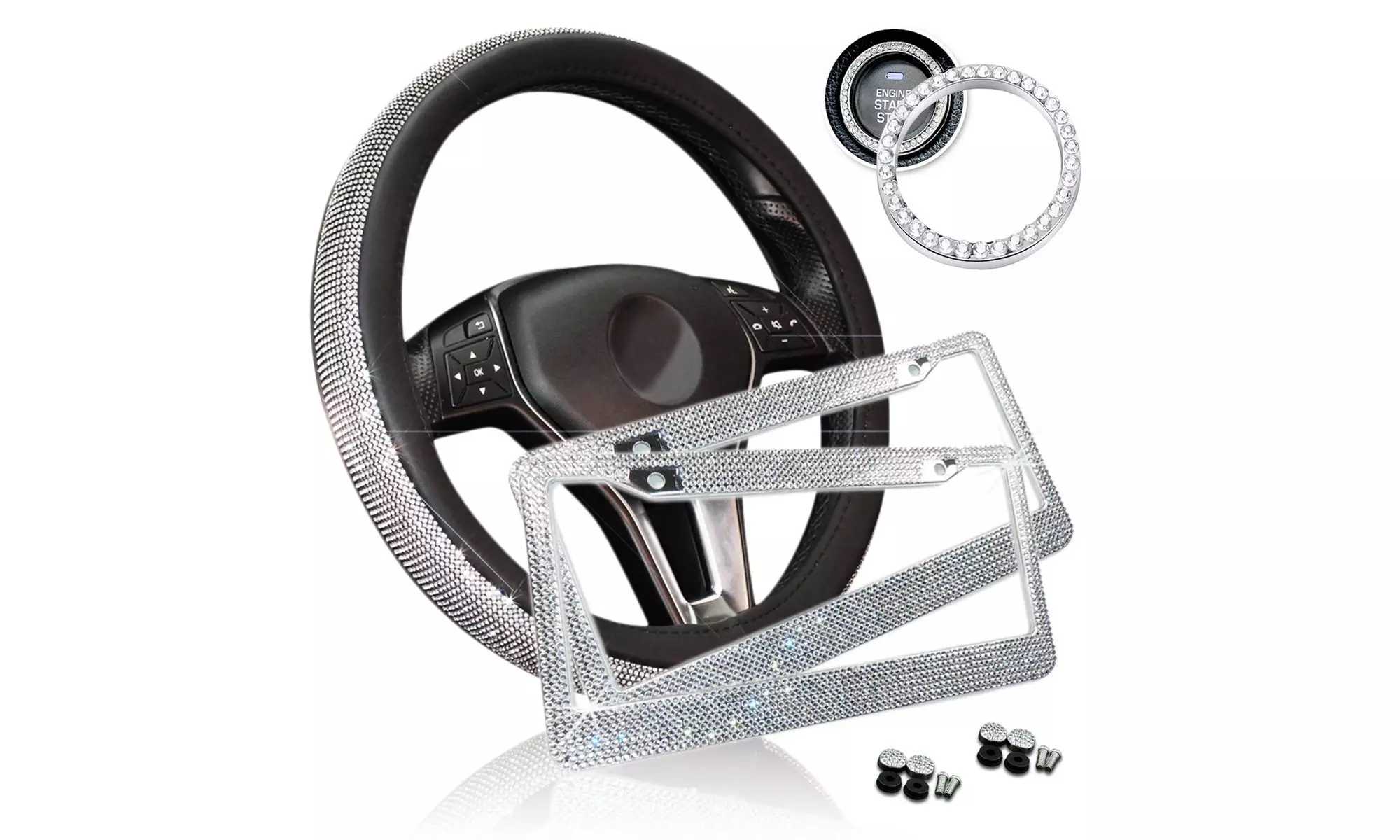Zone Tech Car Bling Set Steering Wheel Cover License Plate Frame Ring Sticker - Primary Image