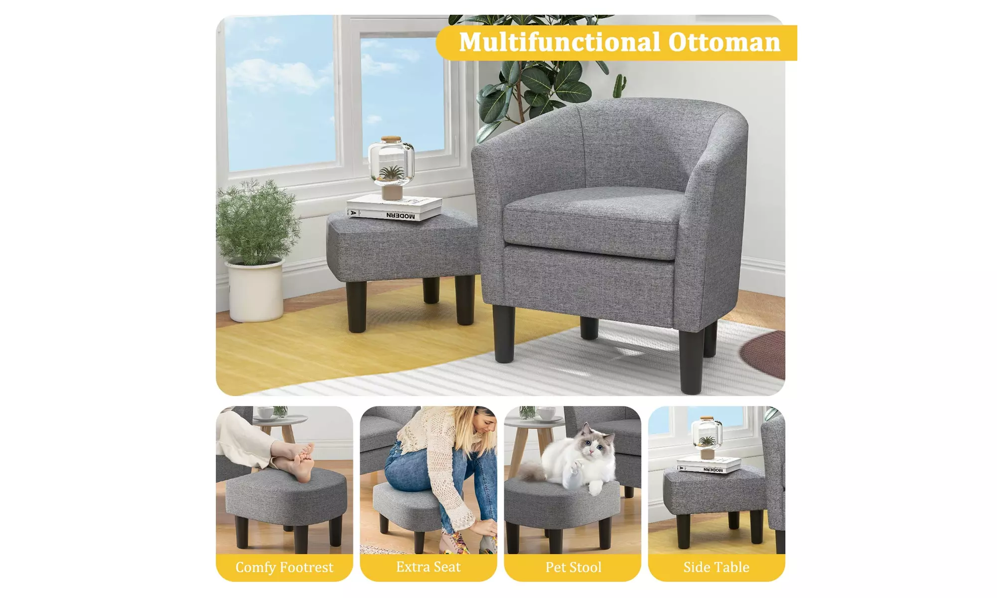 Costway Barrel Club Chair with Ottoman Set Footrest Curved Back & Seat Cushion