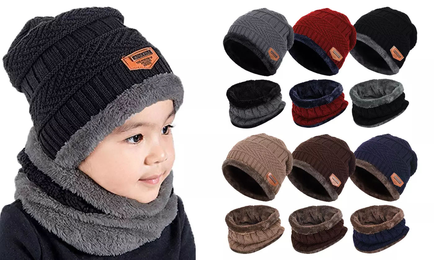 Kids Warm Knit Fleece Beanie Cap and Scarf for Boys Girls (2-Pieces) - Primary Image