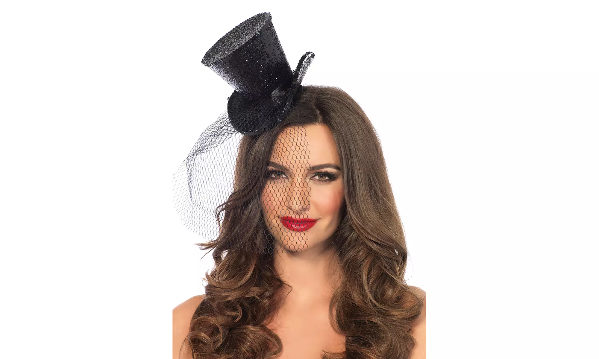 Leg Avenue Women's Mini Glitter Top Hat With Lace Veil Hair Accessory - Primary Image