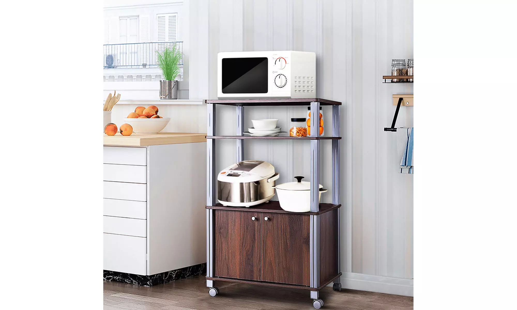 Bakers Rack Microwave Stand Rolling Storage Cart Multi-functional Display Walnut - Primary Image