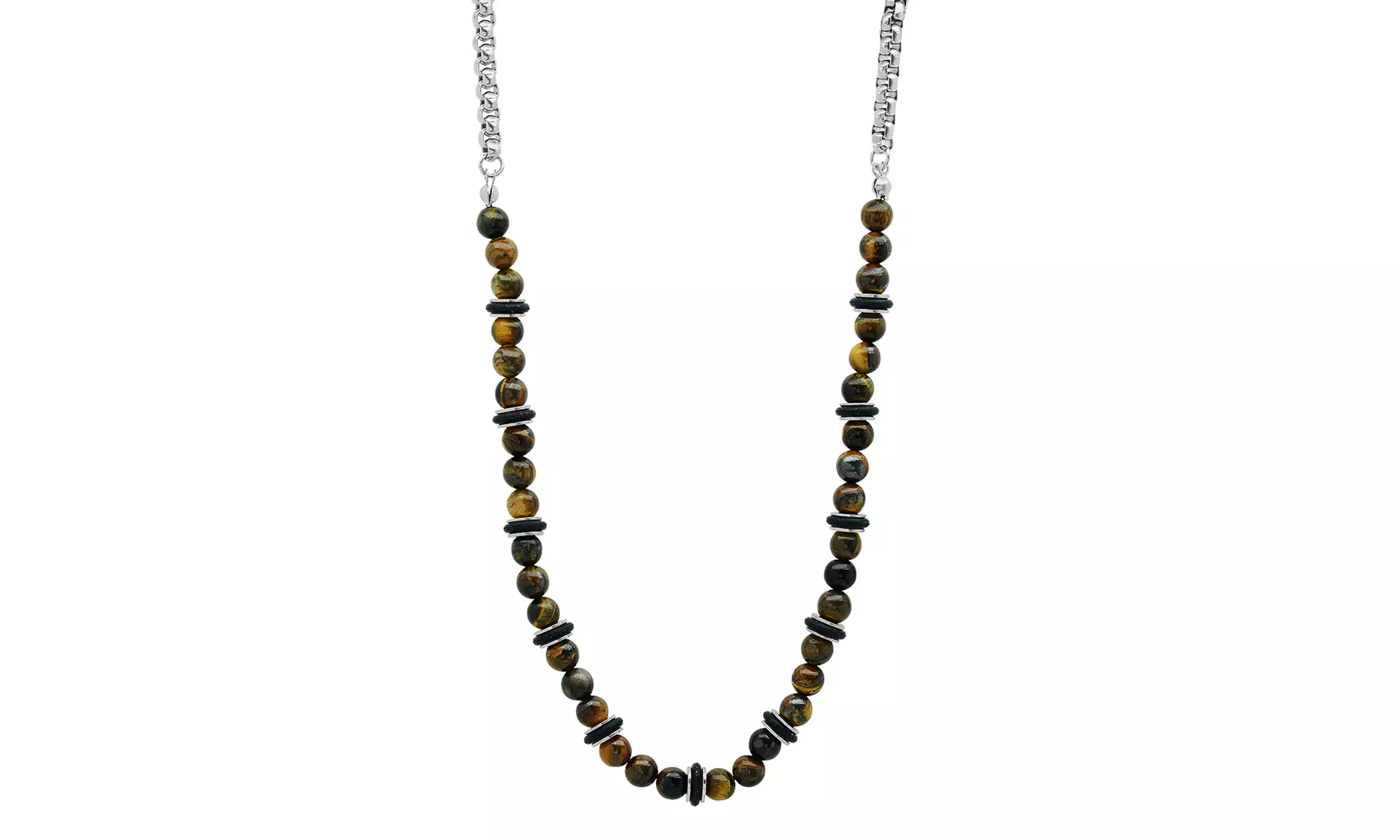Men's Tiger Eye,Black Rubber And Stainless Steel Box Chain Necklace by Steeltime - Primary Image