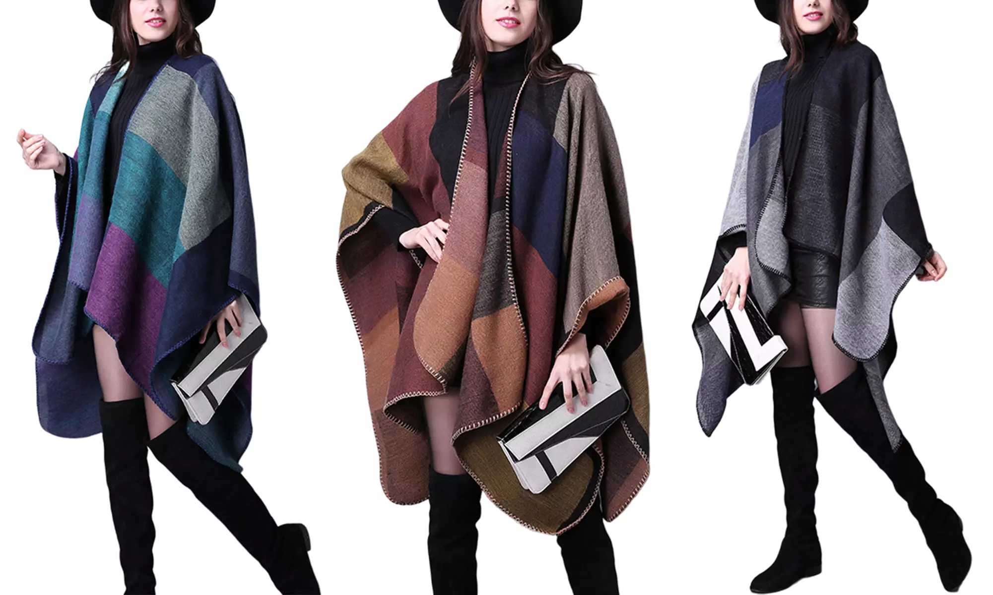 Women's Plaid Sweater Poncho Cape Coat Open Front Blanket Shawls and Wraps - Primary Image