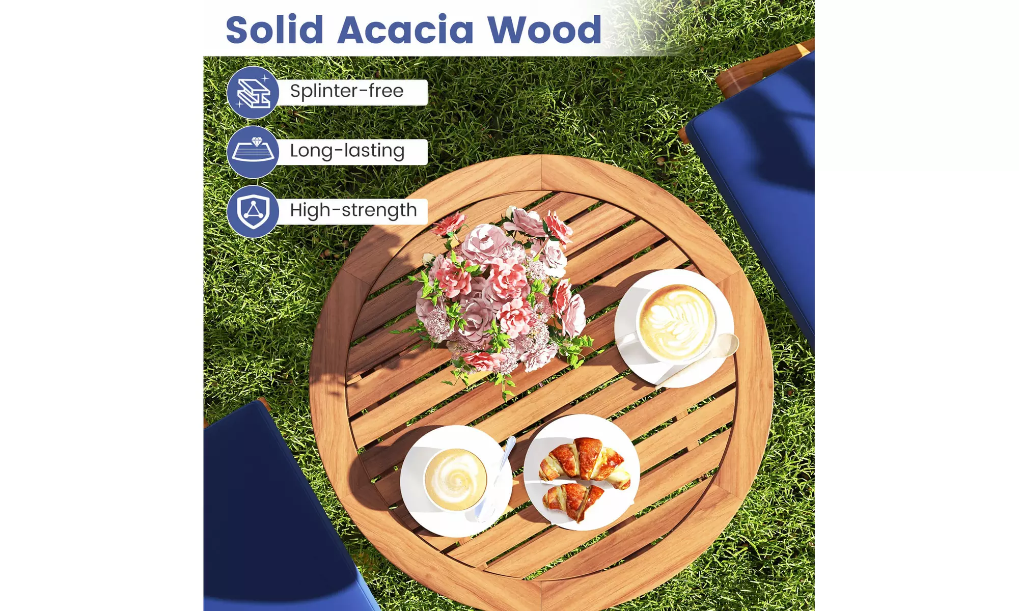 Costway 3 PCS Acacia Wood Patio Bistro Set Folding Outdoor Table and Chairs