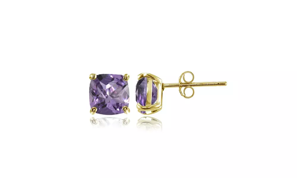 Yellow Gold Flashed Sterling Silver 5mm Cushion-Cut Amethyst Stud Earrings