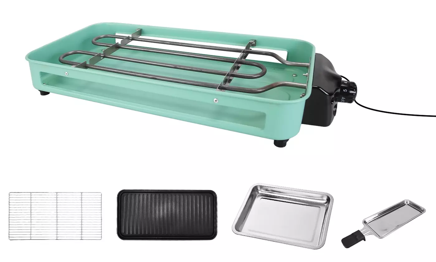 NewHome 1500W 2-In-1 Electric Indoor BBQ Grill with Grill Net and Raclette Trays