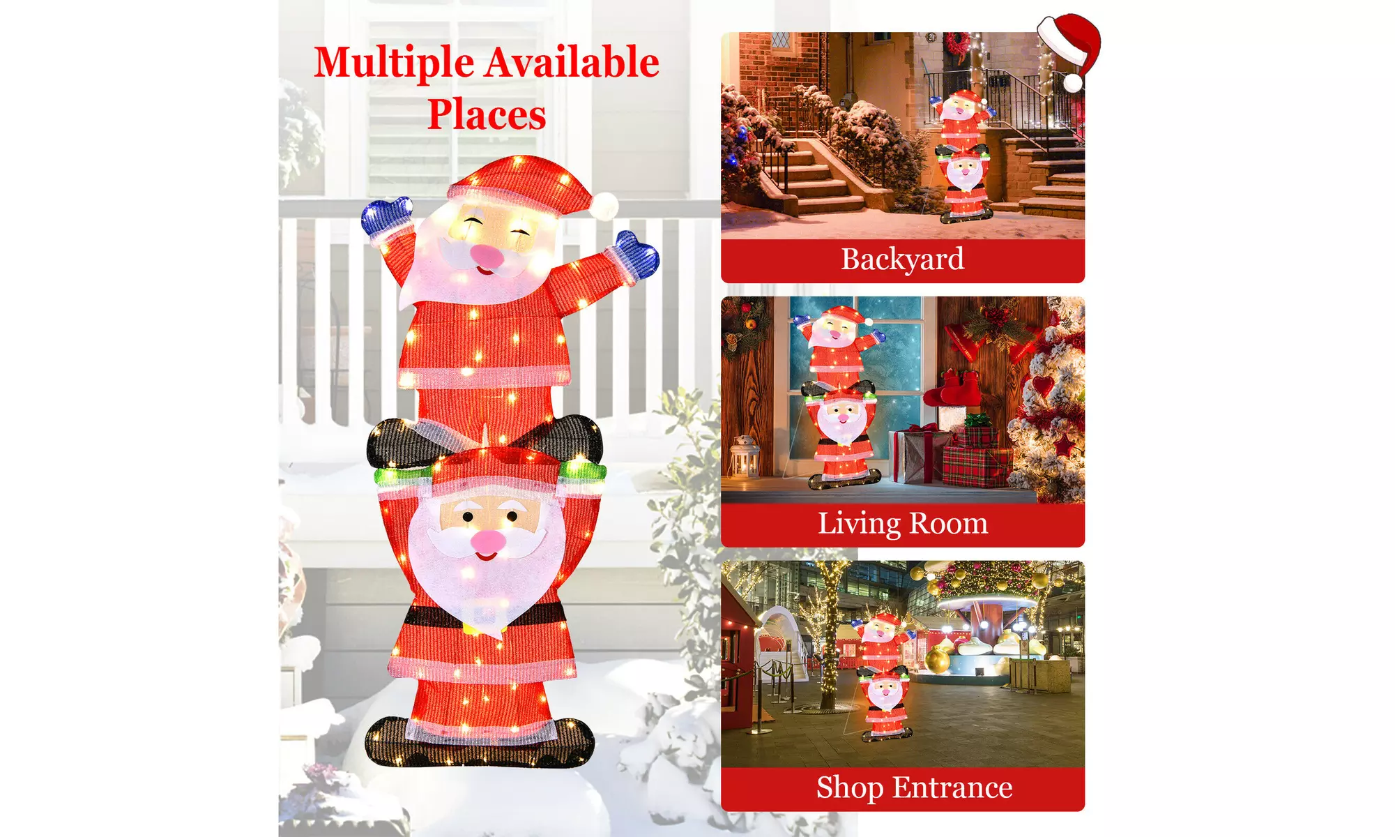 LED Double Santa Yard Sign Santa Christmas Decoration W/ String Lights & Stakes