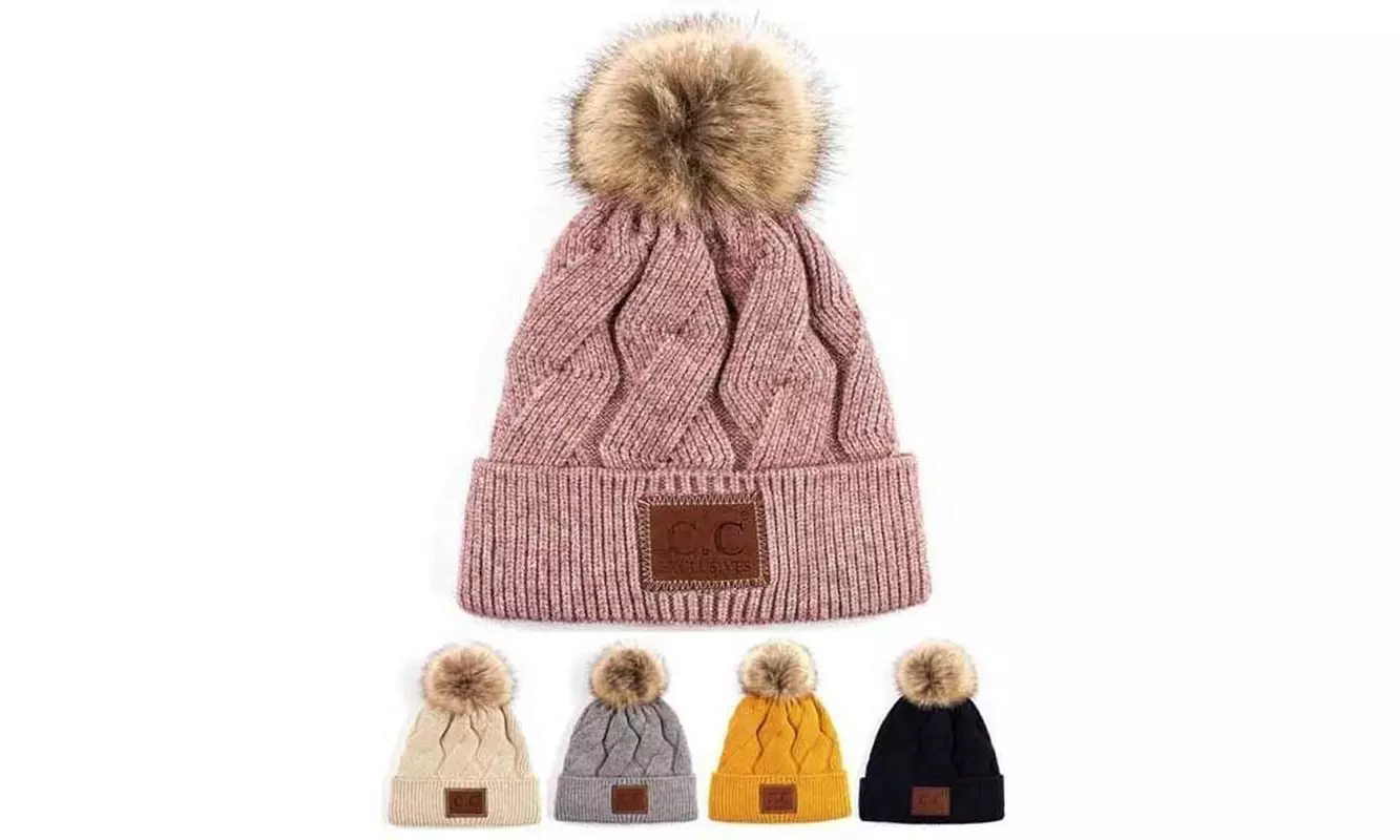 C.C. Geometric Cable Beanie Hat with Faux Fur Pom, Hat-2298 - Primary Image