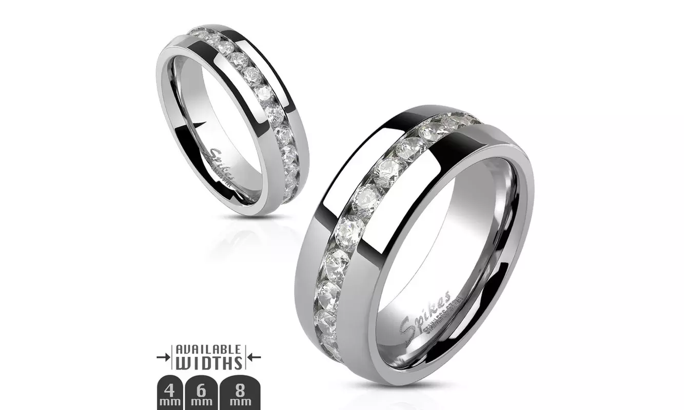 His & Hers Stainless Steel 3 Piece Cz Wedding Ring Set and Eternity Wedding Band