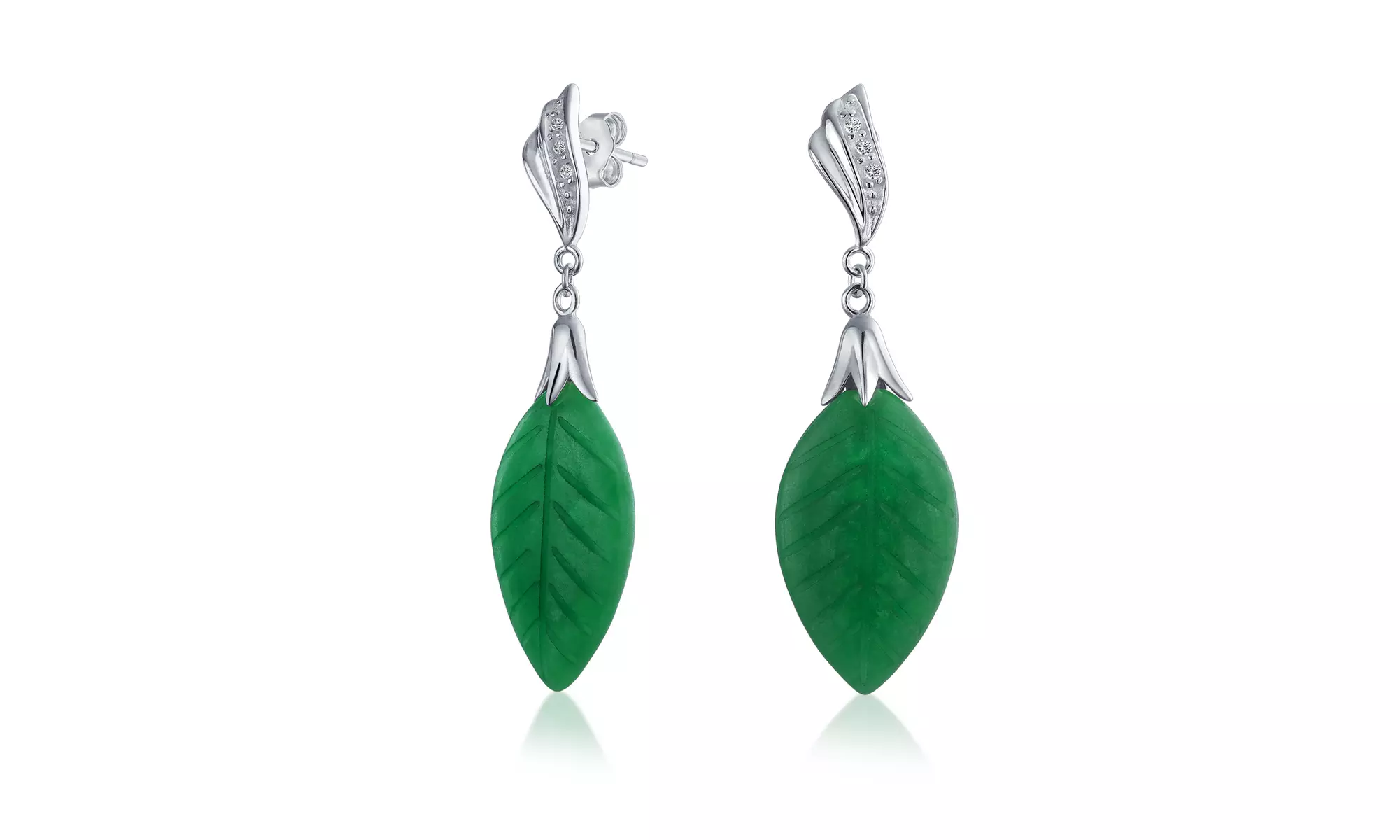 Carved Leaf Green Jadeite Jade Drop Earrings 925 Sterling Silver - Primary Image