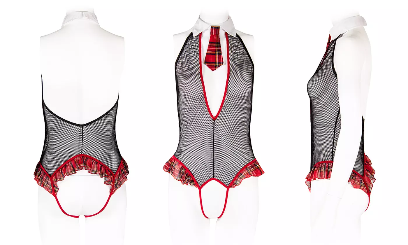 Leg Avenue Women's Sexy School Girl Crotchless Fishnet Teddy Roleplay Lingerie - Second Medium