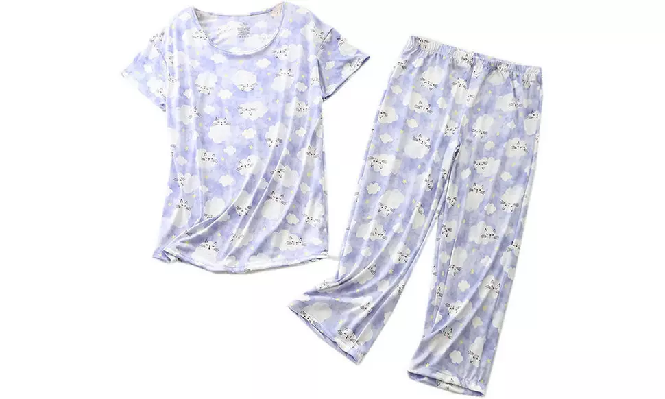 Women Summer Fun Prints Pajama Set Tops Capri Pants Casual Sleepwear