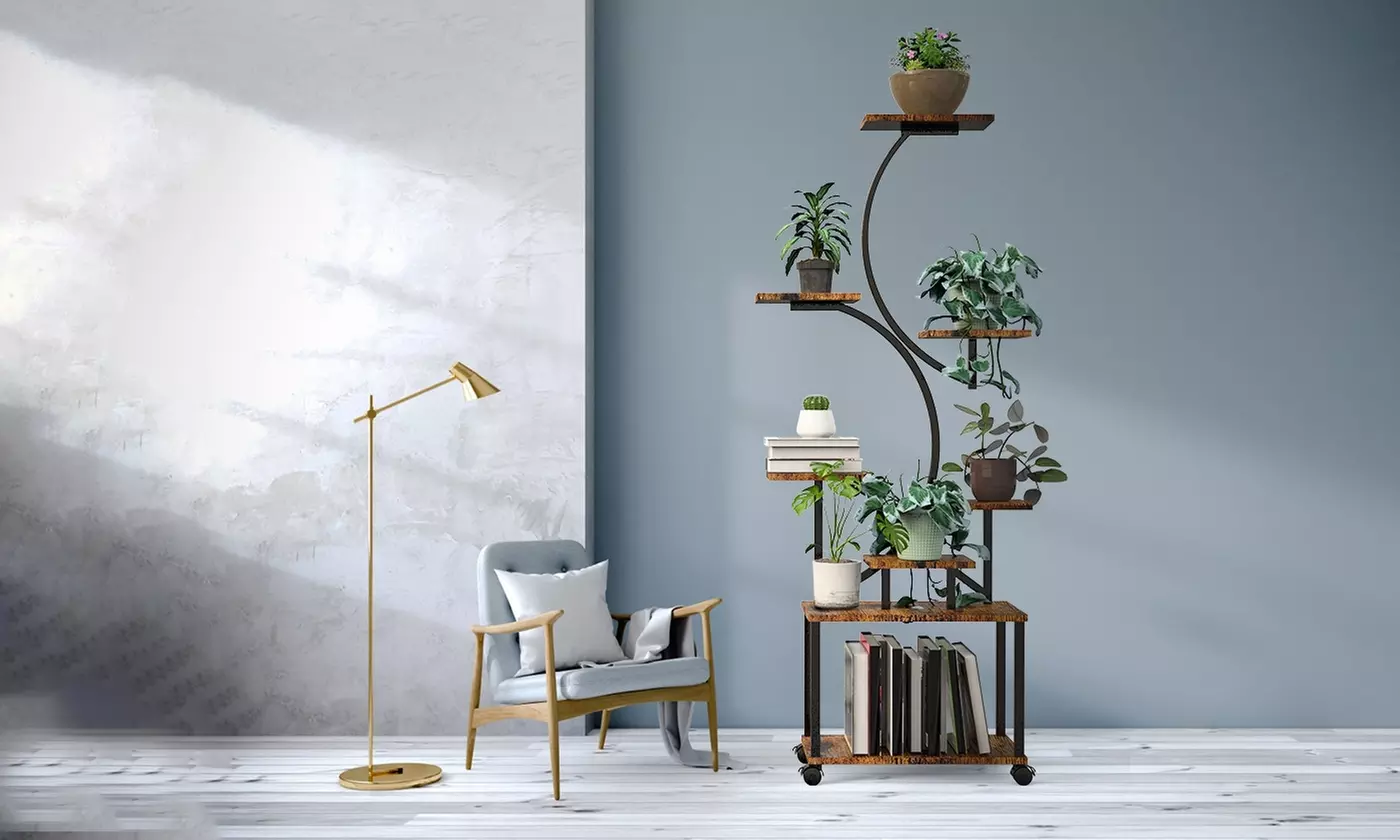 iMounTEK 8-Tier S-Shaped Metal Plant Stand with Grow Lights & Rolling Wheels