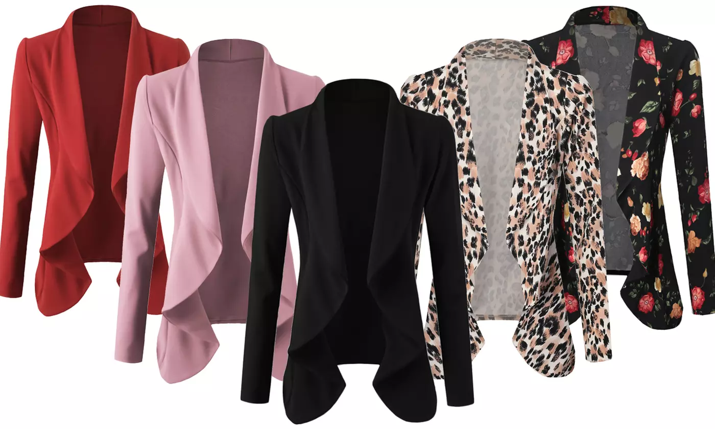Doublju Women's Long Sleeve Crepe Flare Blazer with Shawl Collar - Primary Image