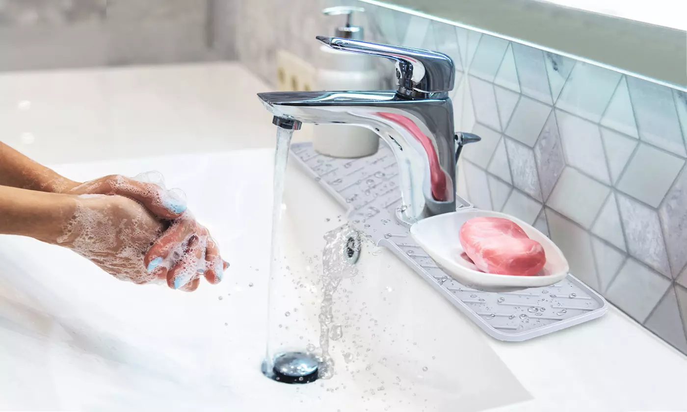 NewHome Silicone Faucet Mat Sink Splash Guard & Drying Pad with Drainage