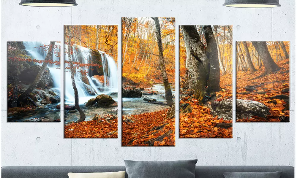 Autumn Mountain Waterfall Close View - LandscapePhoto 5 Panel Metal Wall Art - Primary Image