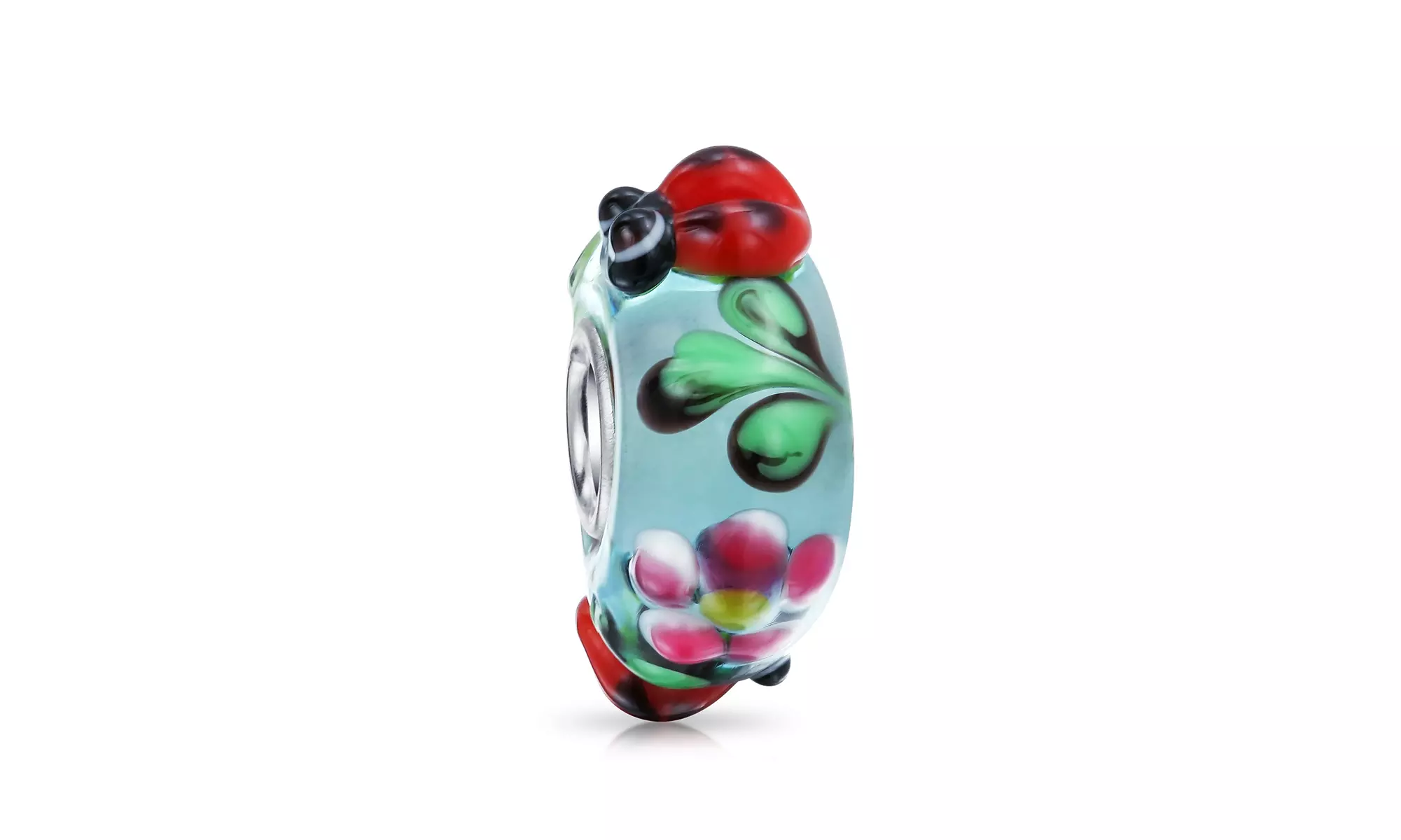 Bling Jewelry Silver Ladybug Flower Blue Murano Glass Bead Fits Pandor - Primary Image