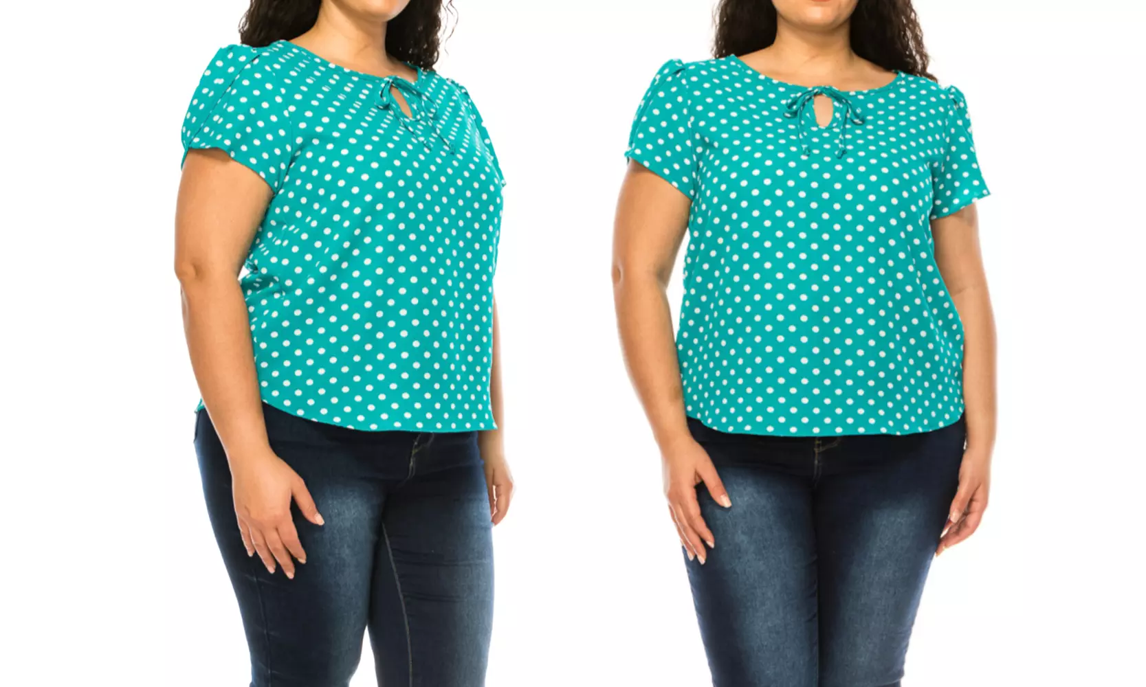 Women's Plus Size Polka Dot Overlapping Short Sleeve Ribbon Accent Top - Primary Image