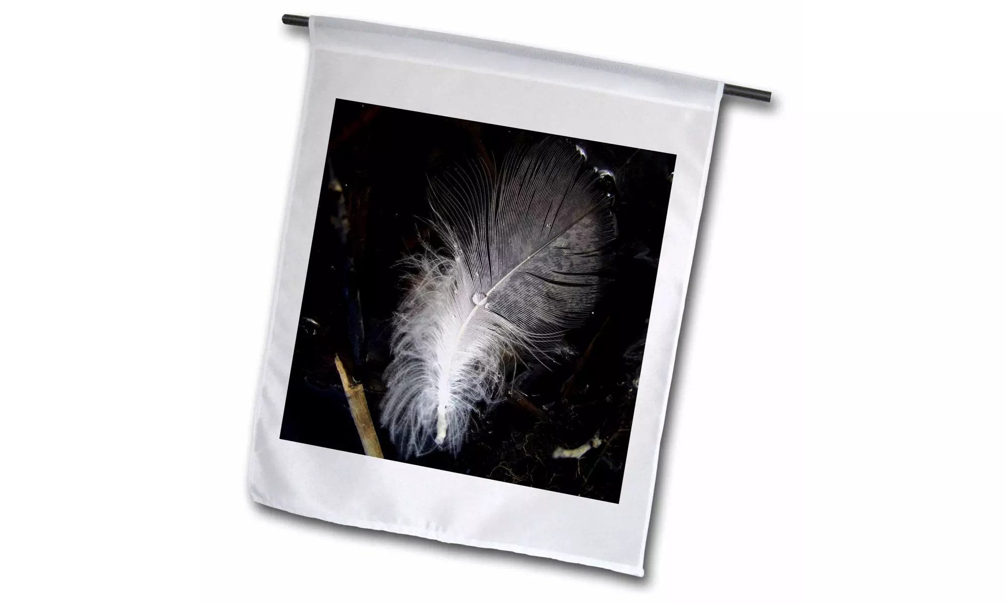  Garden Flag Feather in the Mud With Dew Drop Sitting On Top - 12 by 18-inches  - Primary Image