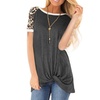 Image 3: Womens Leopard Color Block Twist Knot Tunics Casual Short Sleeve T Shirt Tops