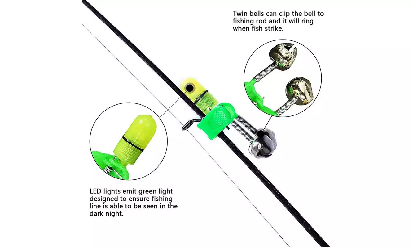 20 PCS LED Night Fishing Bite Bait Alarm 2 Bells Light Rod Tip Clip Alert Ring