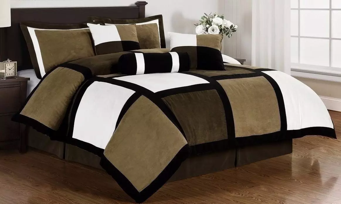 Micro Suede Black Brown White Patchwork 7-Piece Comforter Set - Second Medium