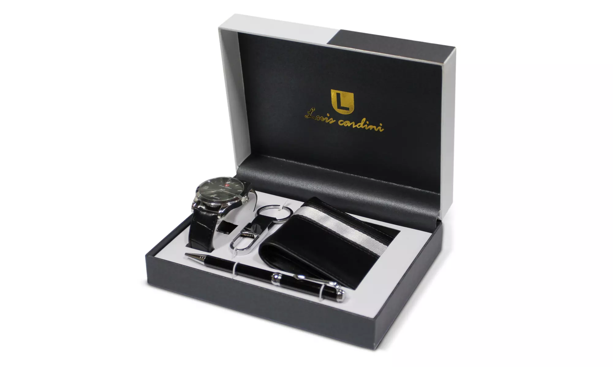 Luis Cardini Gift Set for Men Watch, Key Holder, Wallet & Pen (Black) -New - Primary Image