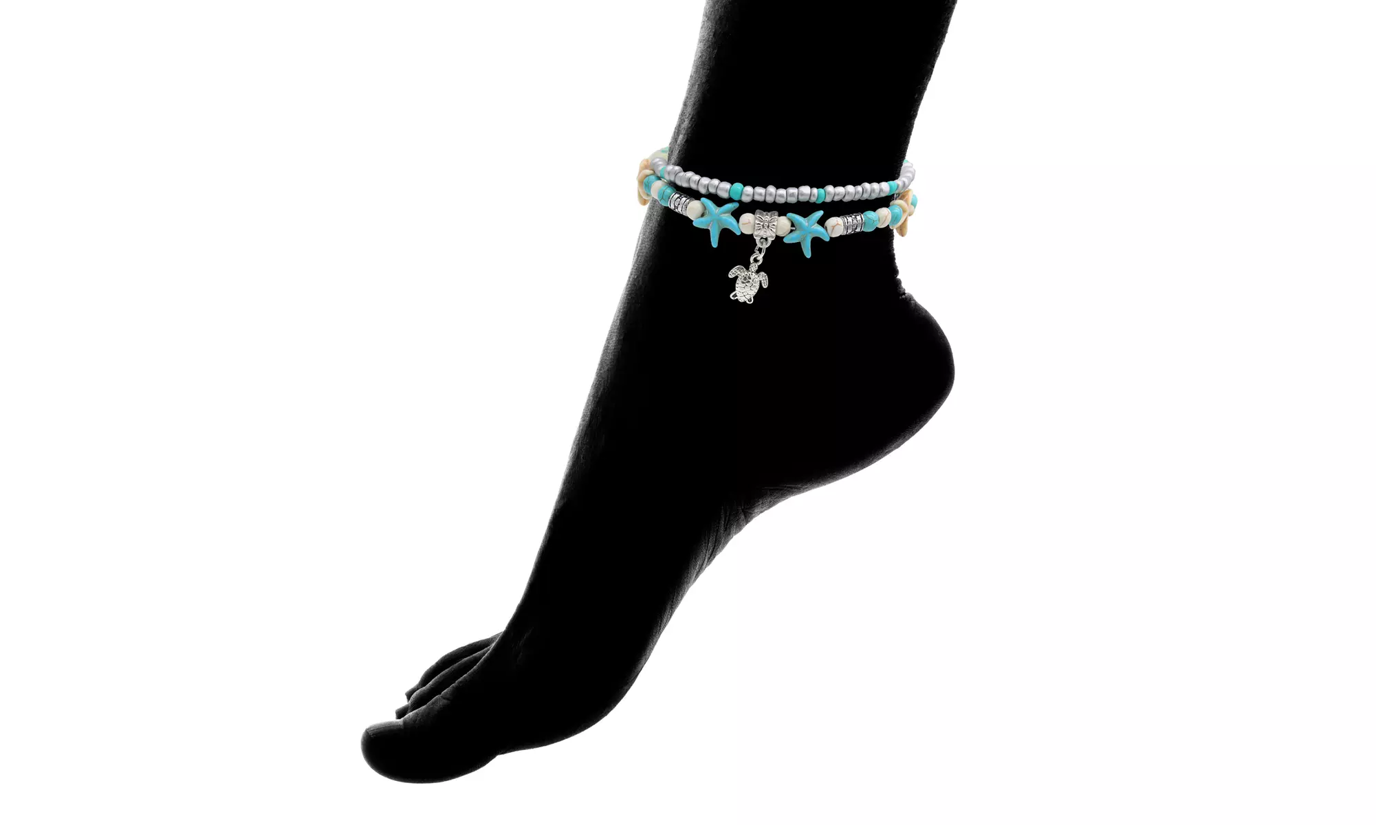 Turtle or Tidal Wave Turquoise Two Row Anklets - Primary Image