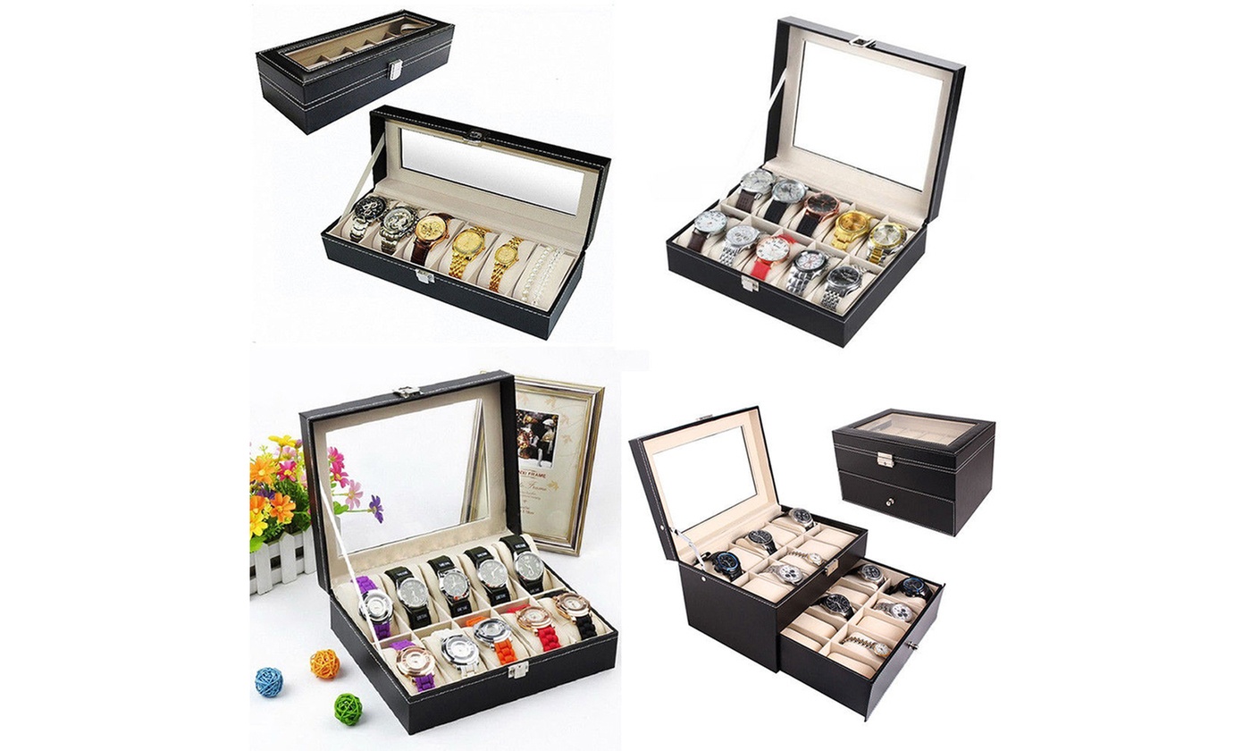 PU Leather Watch Cushion Display Glass Top Organizer Box(6,10,12,20,24 Slots)