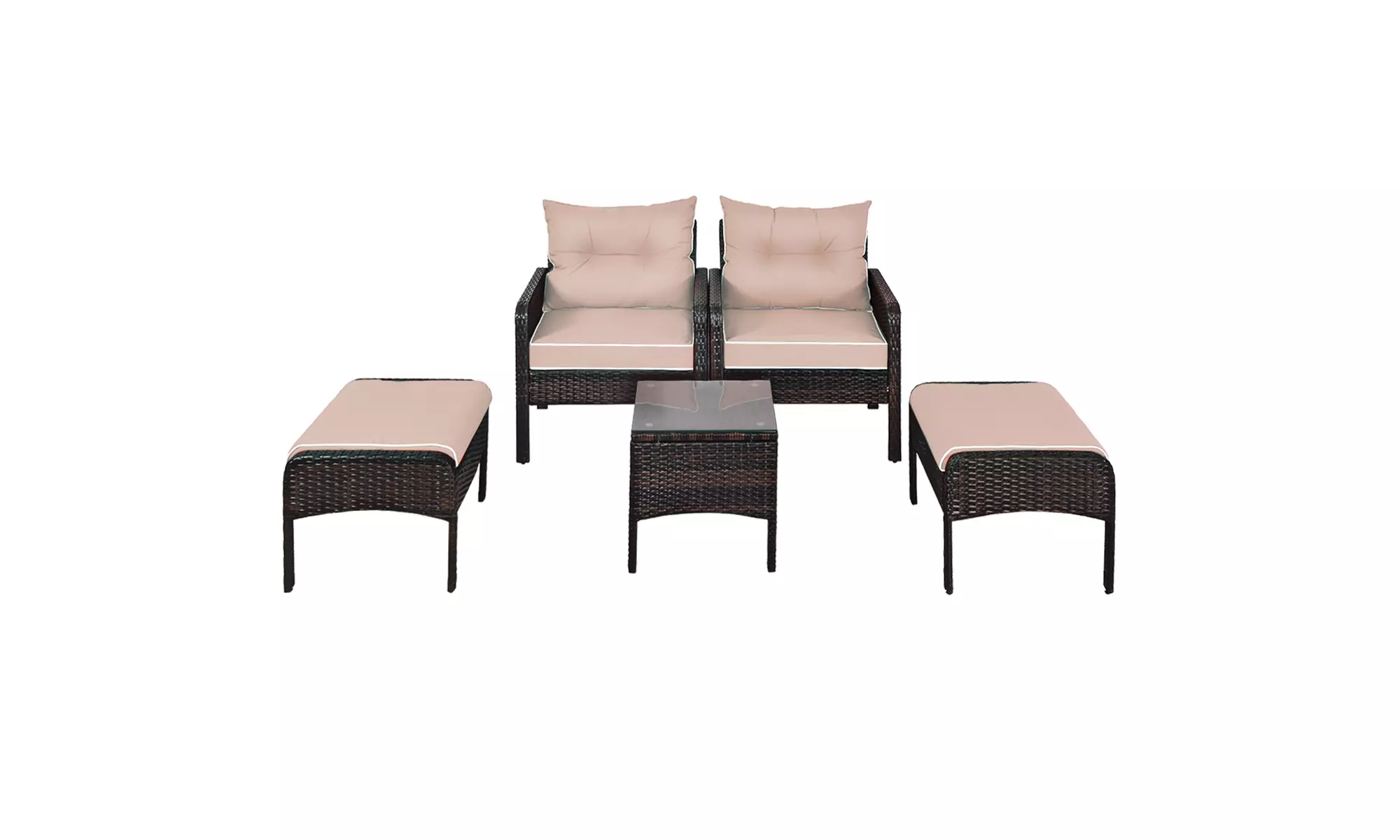 5 PCS Patio Rattan Wicker Furniture Set Sofa Ottoman Coffee Table Cushioned Yard