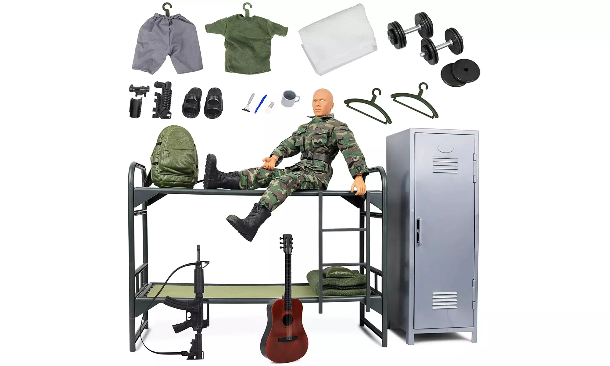  Military Camp Bunk House Life 12 Action Figure Play Set with Accessories, Brown - Primary Image