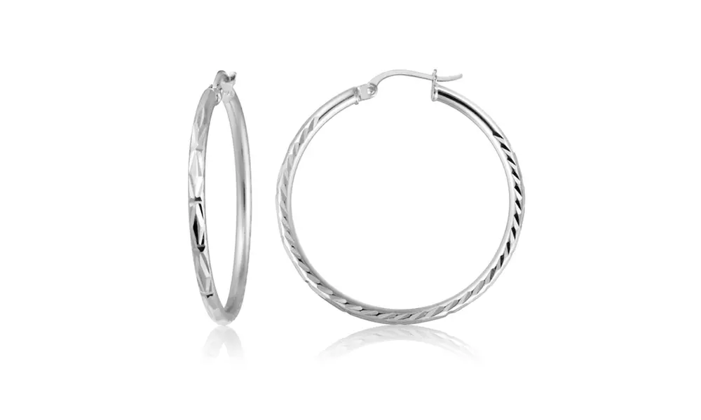 Sterling Silver 2mm Diamond Cut High Polished Round Hoop Earrings, 30mm
