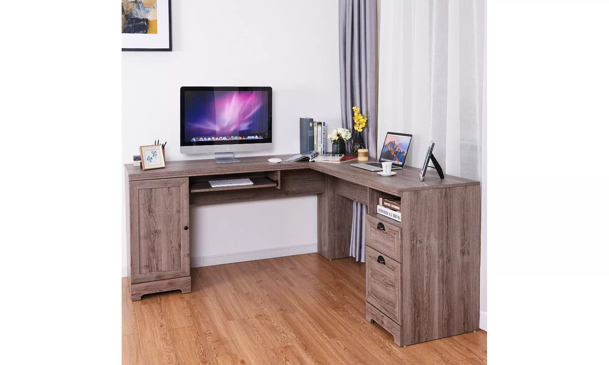 L-Shaped Corner Computer Desk Writing Table Study Workstation w/ Drawers Storage - Primary Image