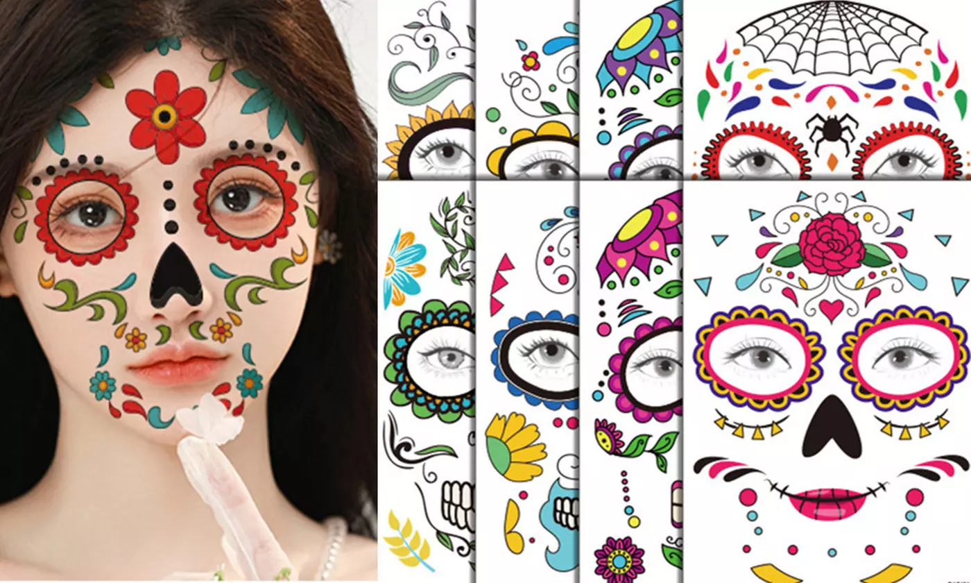 5Pack Halloween Temporary Face Tattoos Halloween Party Full Face Mask Tattoo  - Primary Image