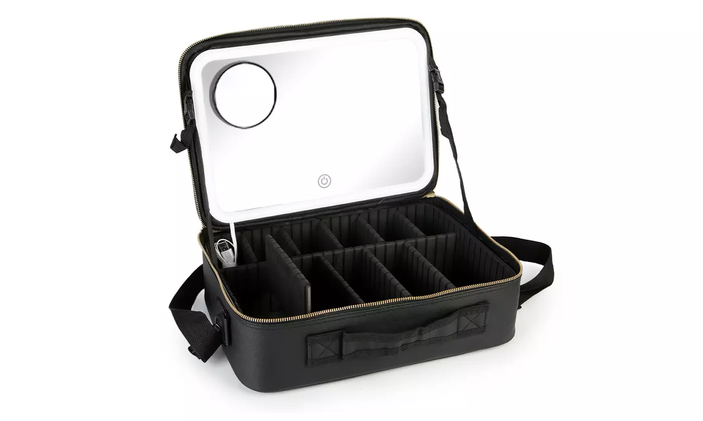 N'POLAR Travel Makeup Bag with Adjustable Dividers, LED Mirror and Brush Holder