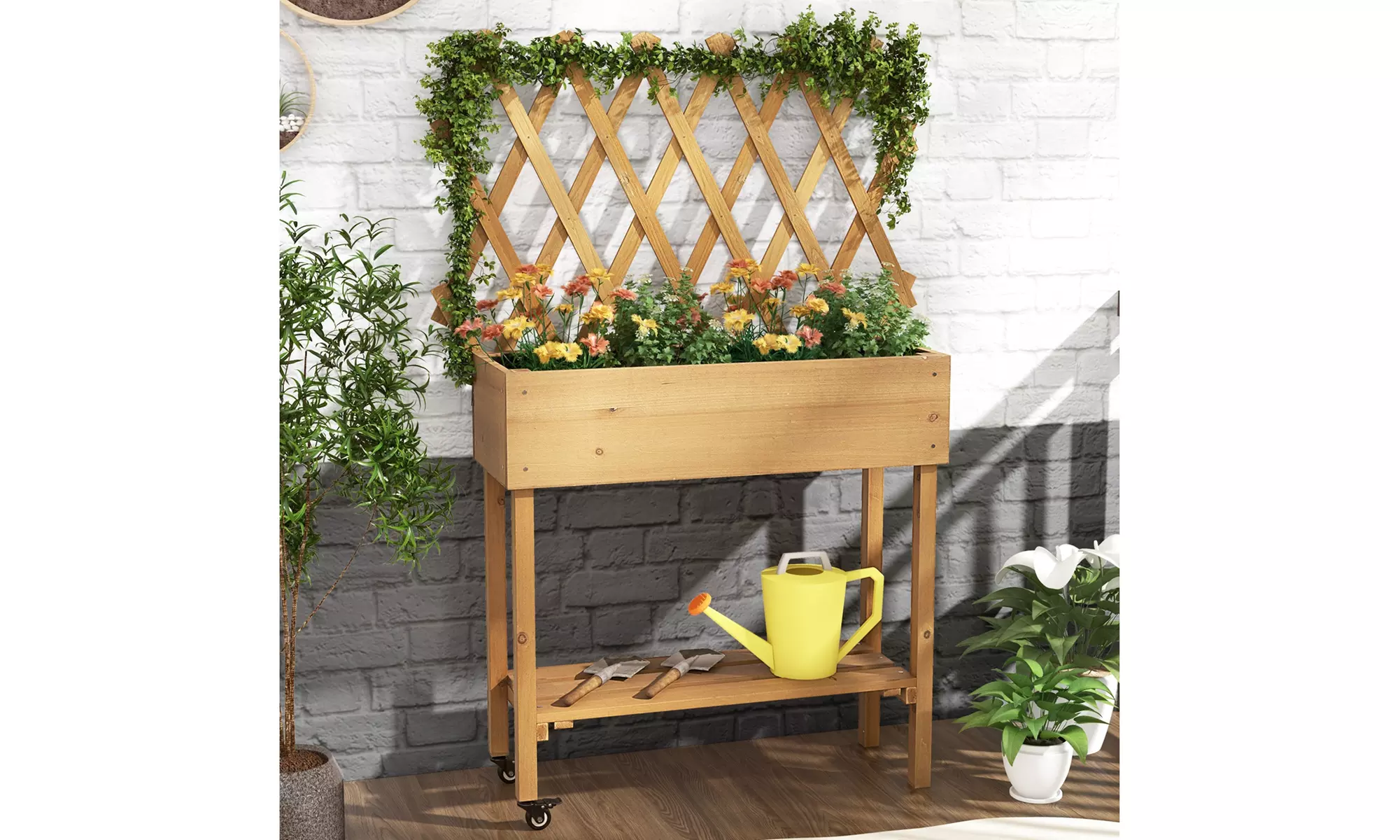 Costway Wood Raised Garden Bed w/ Trellis Storage Shelf Wheels Drainage Holes