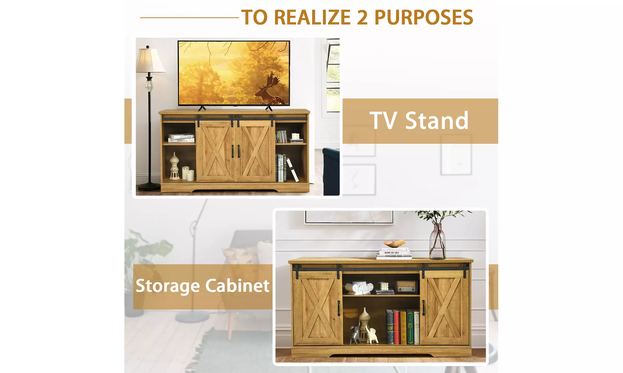 Costway 59'' Farmhouse TV Stand Sliding Barn Door Cabinet w/ Adjustable Shelf