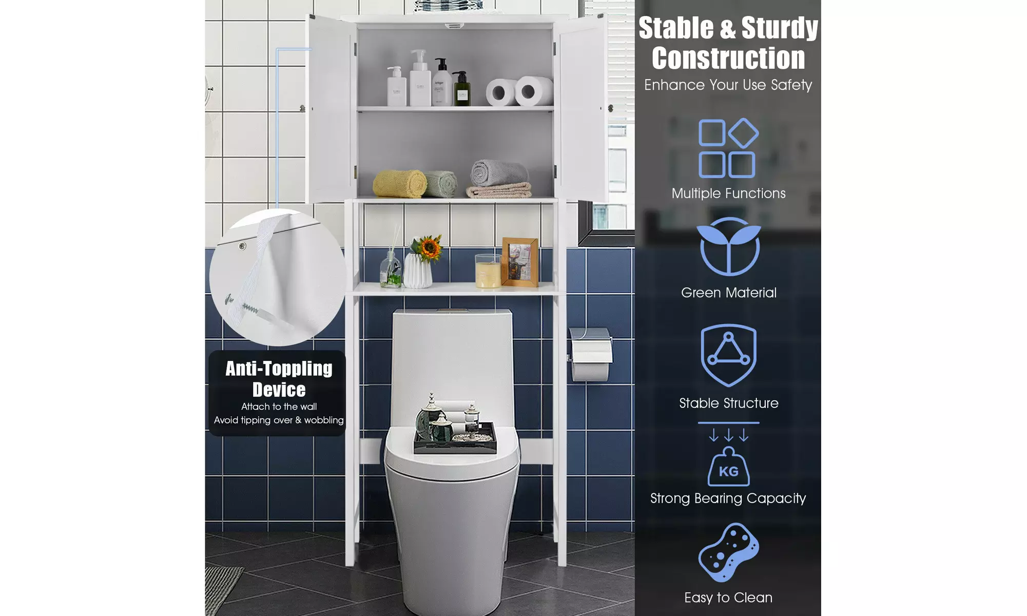 Over The Toilet Storage Cabinet Double Door Bathroom Organizer Adjustable Shelf 