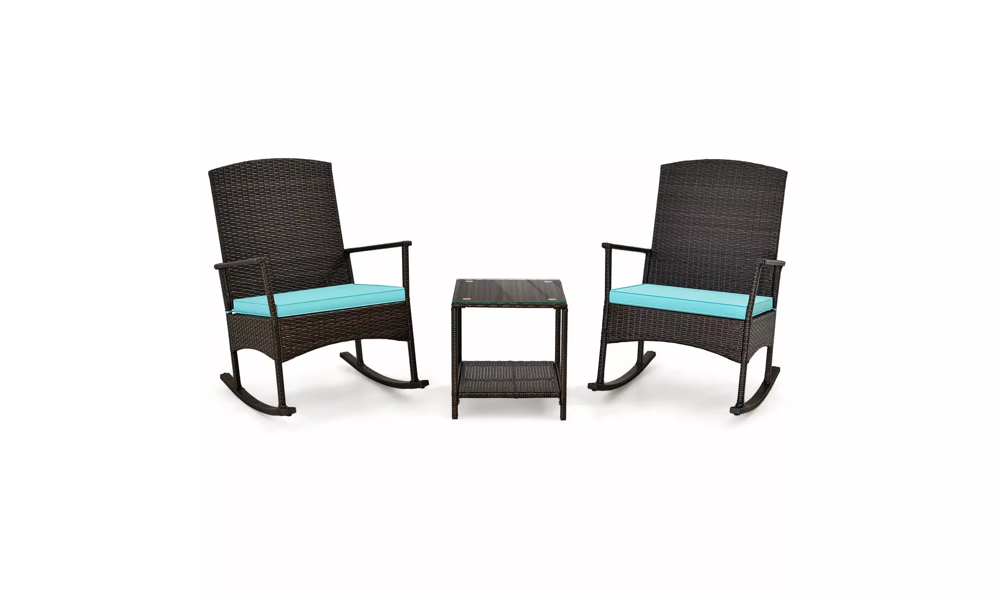 Costway 3 Piece Wicker Patio Set With Rocking Chairs & 2-Tier Coffee Table