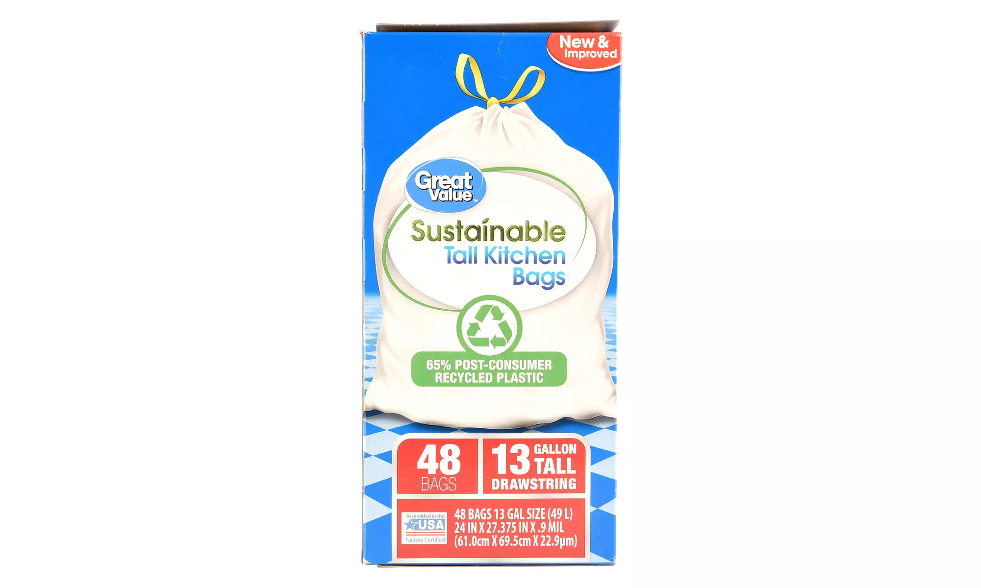 Great Value Sustainable Tall Kitchen Drawstring Bags, 13 Gallon, 48 Count - Primary Image