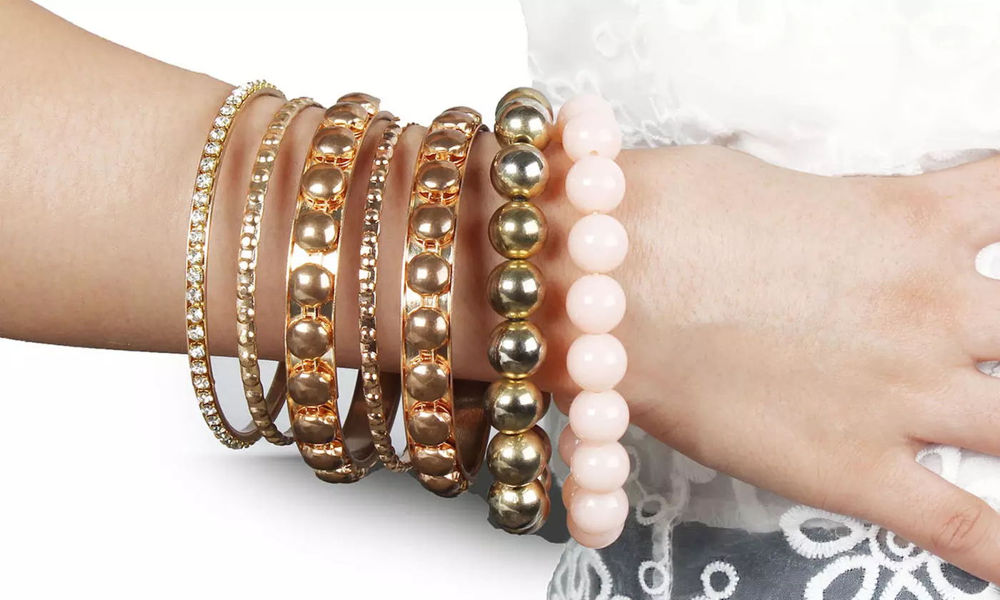 Retro Burnished Gold Inlaid Rhinestones Bangle Bracelet Set (7-Piece)