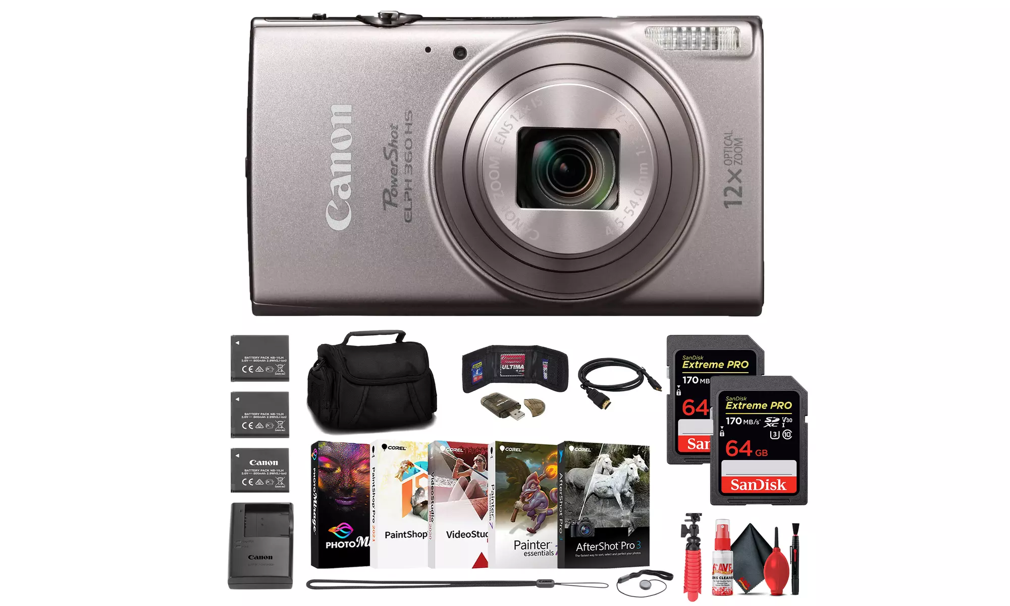 Canon PowerShot ELPH 360 HS Camera,  2 x 64GB Card,  2 x Battery,  Case & More - Primary Image