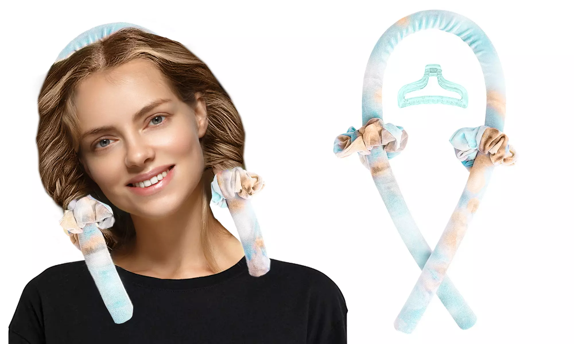 Heatless Curling Rod Headband No Heat Silky Ribbon Rod Roller Curls & Clip